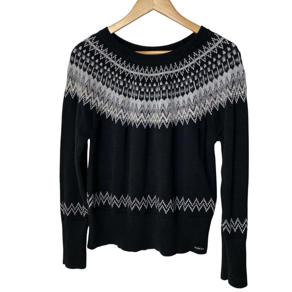 Calvin Klein Jeans Fair Isle Sweater Womens L Black White Nordic Pullover